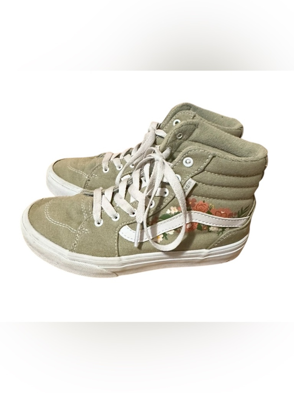 Vans Olive Green High-Top Sneakers with White Stripe and Rose Detail